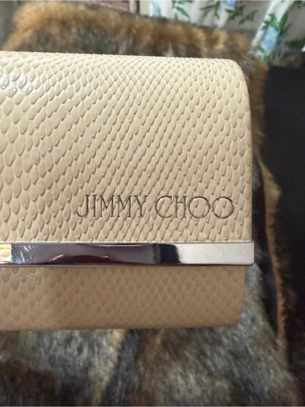Jimmy Choo Cream Textured Leather Key & Card Holder with Silver Accent